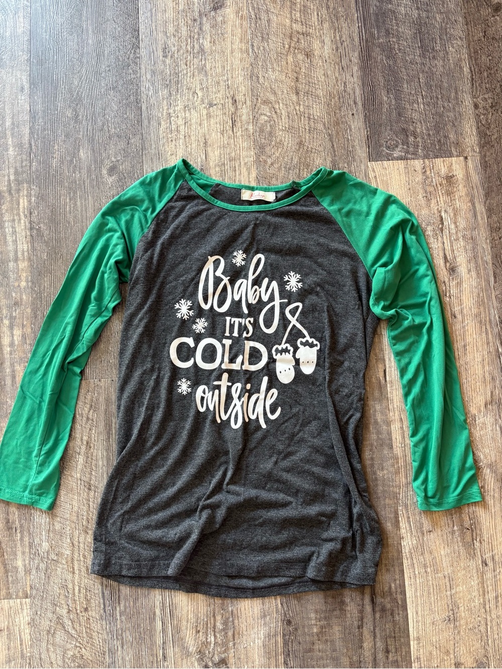 Womens Long-Sleeve  "Baby It's Cold Outside” Raglan Shirt - Green Gray